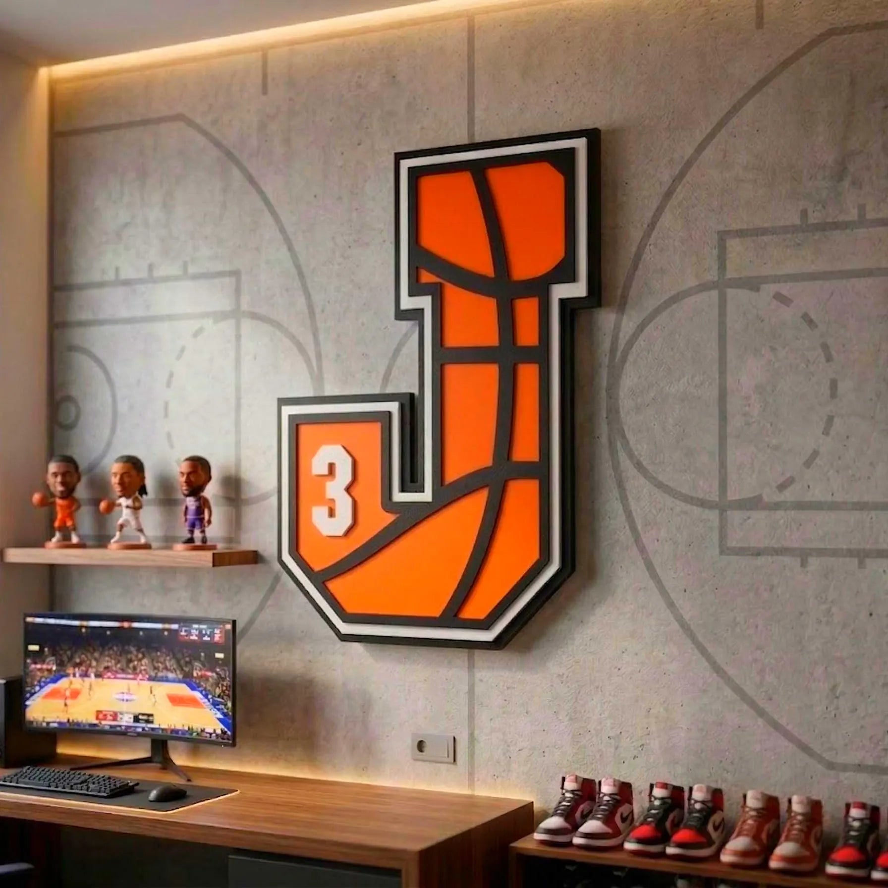 Personalized Basketball Letter Sign: Custom Jersey Letter & Number, Multiple Layer Wood Handmade 3D Wood Sign