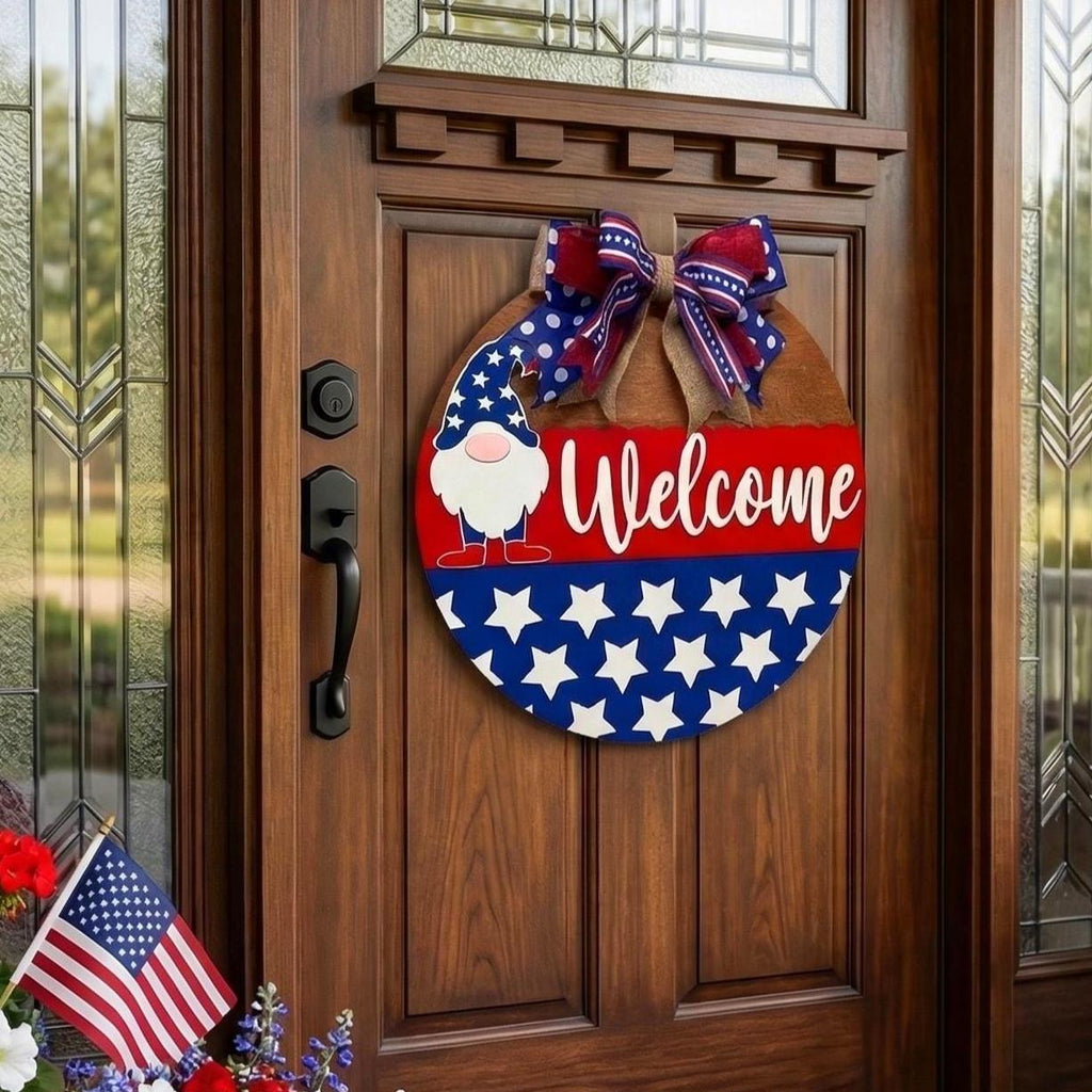 Patriotic Gnome Welcome Sign: 4th of July Front Door Decor Handmade Wood Door Hanger