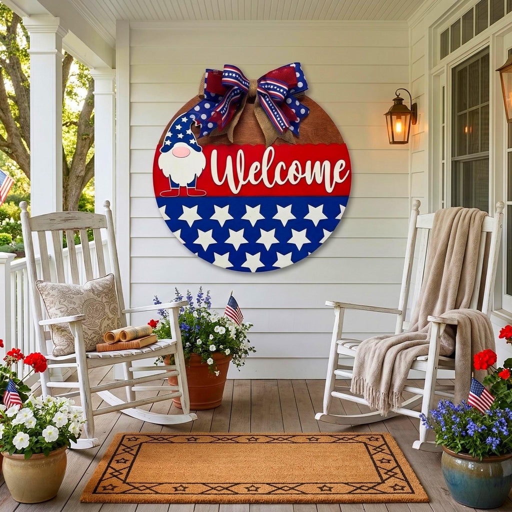 Patriotic Gnome Welcome Sign: 4th of July Front Door Decor Handmade Wood Door Hanger