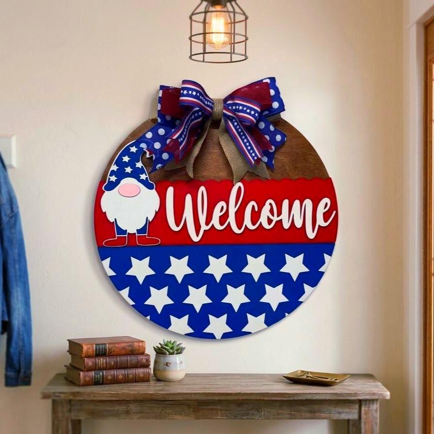 Patriotic Gnome Welcome Sign: 4th of July Front Door Decor Handmade Wood Door Hanger