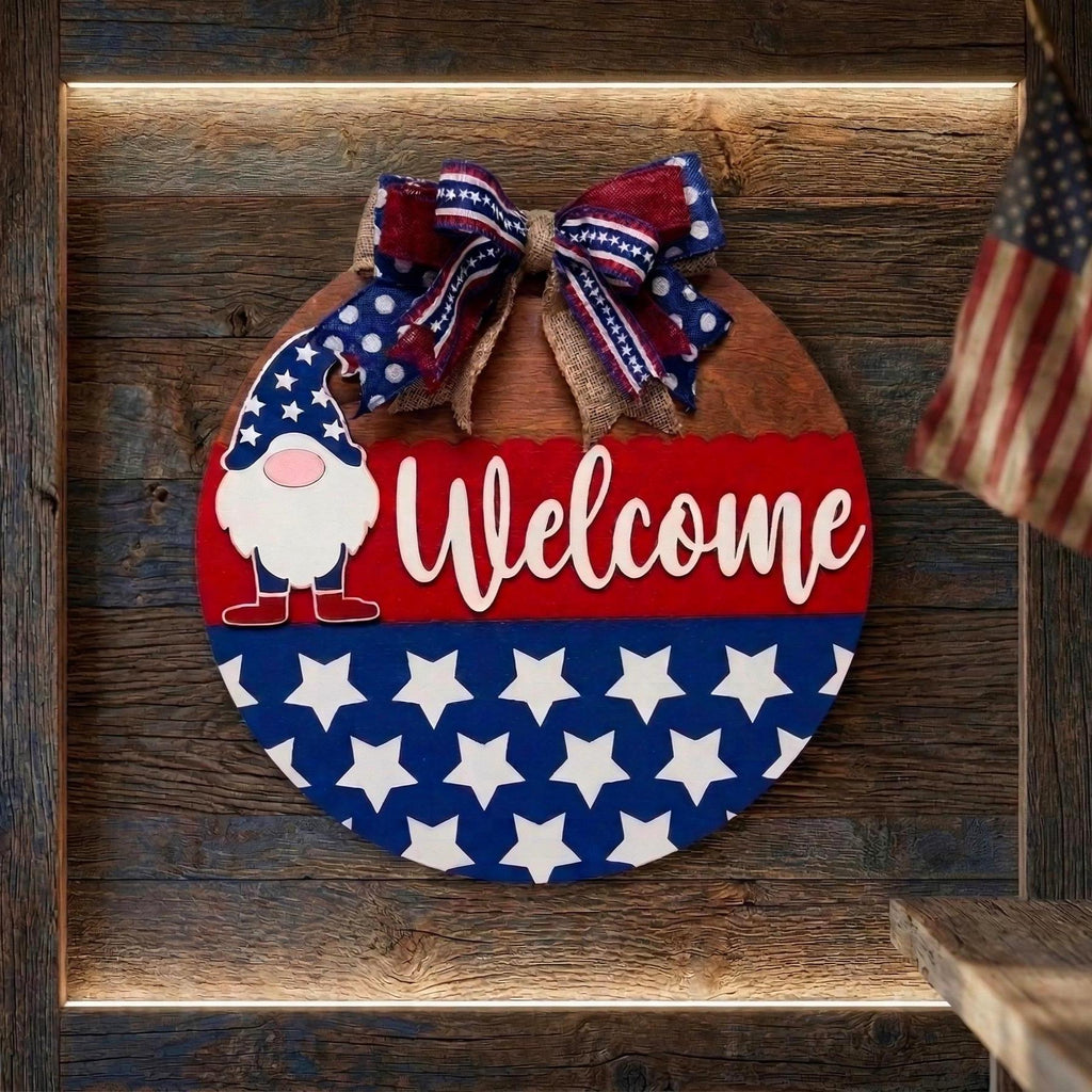 Patriotic Gnome Welcome Sign: 4th of July Front Door Decor Handmade Wood Door Hanger