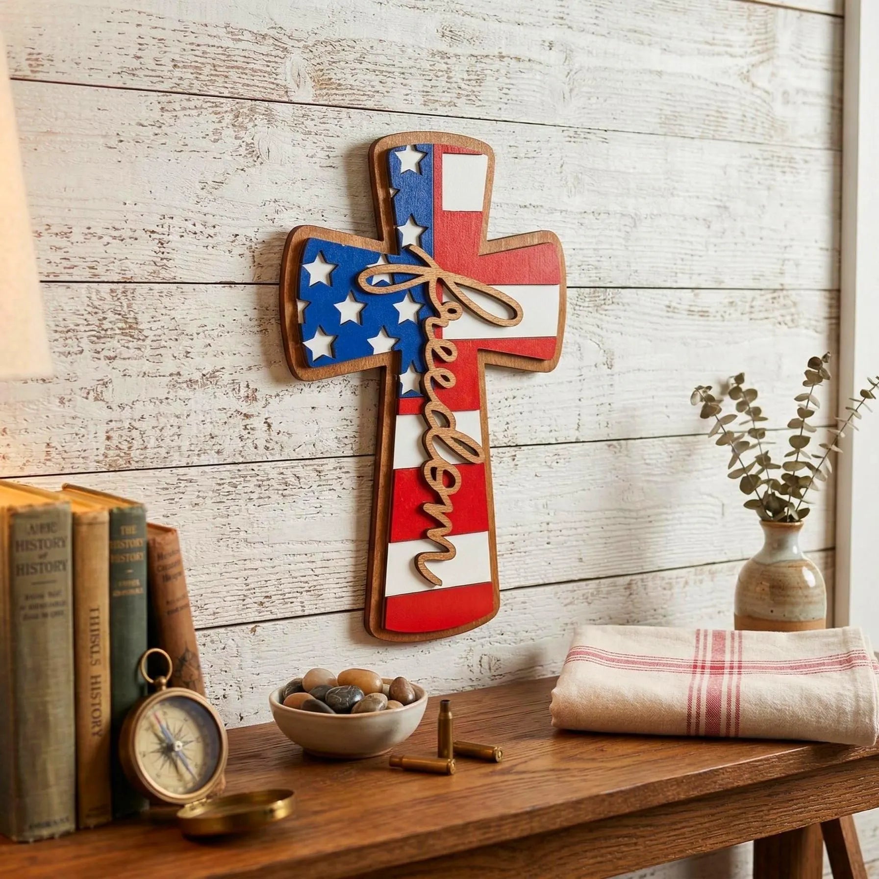 Patriotic Wooden Cross Sign: American Flag, Freedom Wall Decor Handmade 3D Wood Sign