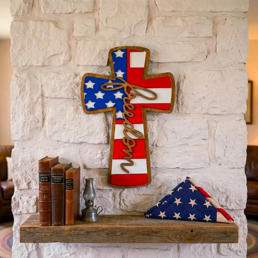 Patriotic Wooden Cross Sign: American Flag, Freedom Wall Decor Handmade 3D Wood Sign