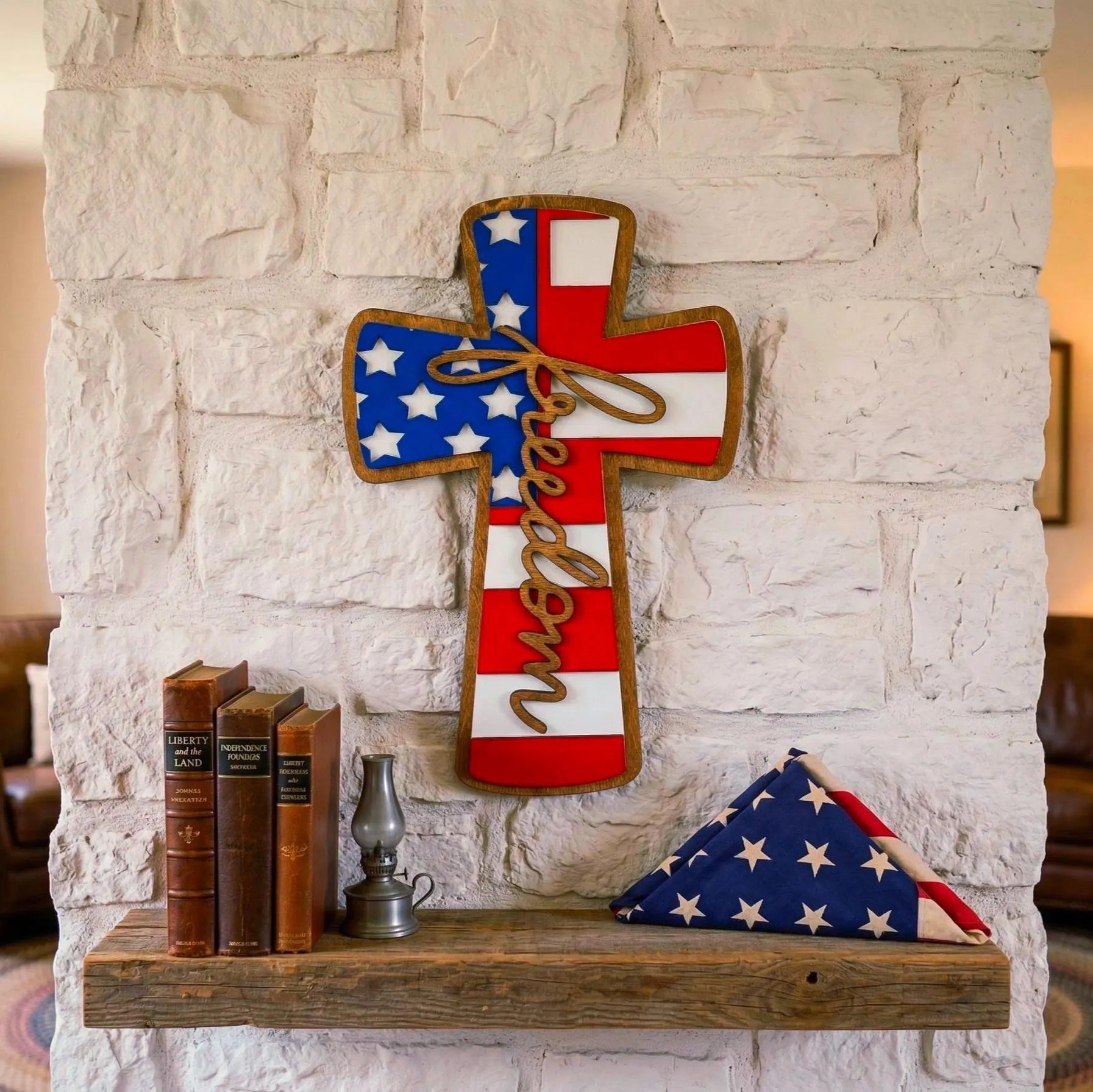 Patriotic Wooden Cross Sign: American Flag, Freedom Wall Decor Handmade 3D Wood Sign