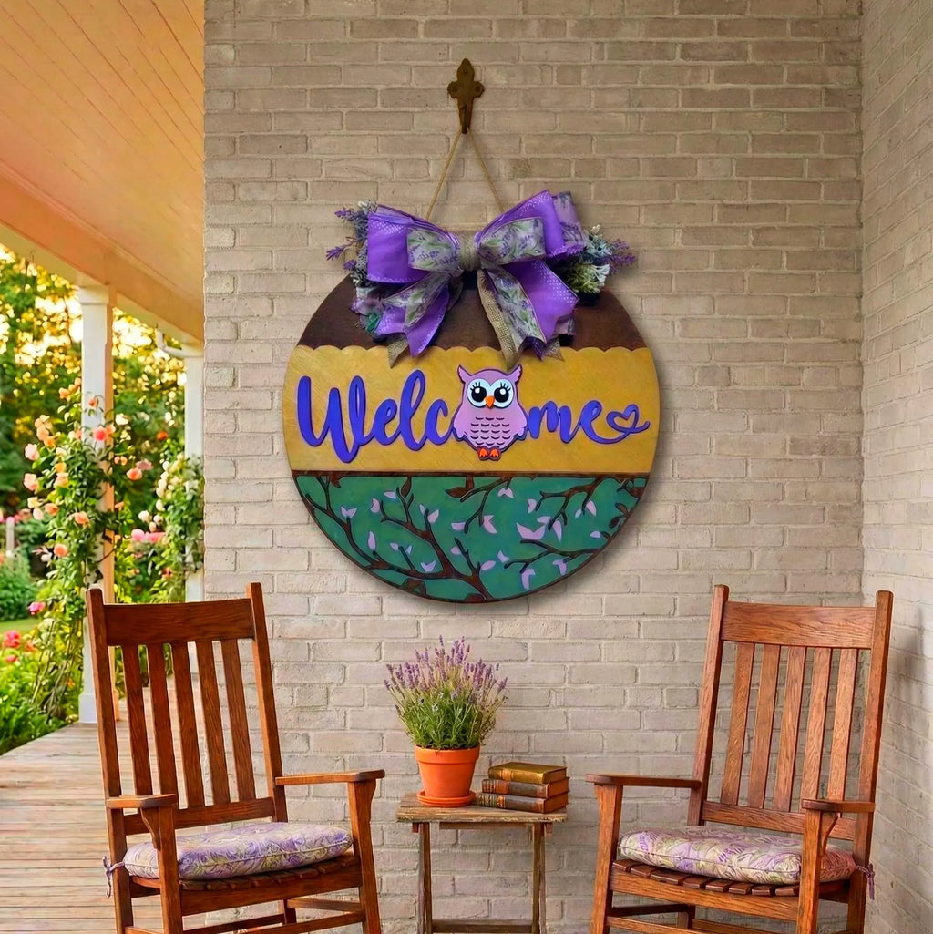 Wooden Owl Welcome Sign | Layered Door Hanger | Handmade Front Door Decor Handmade Wood Door Hanger