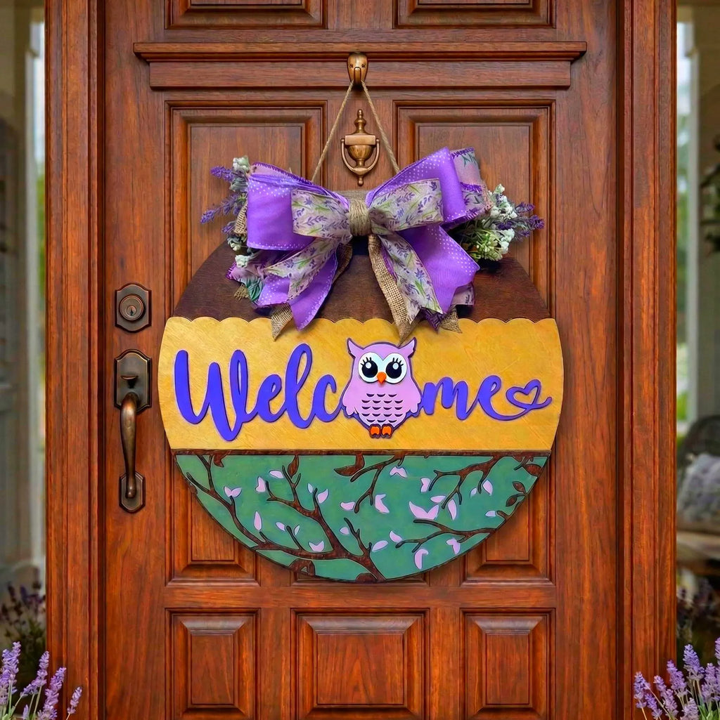 Wooden Owl Welcome Sign | Layered Door Hanger | Handmade Front Door Decor Handmade Wood Door Hanger