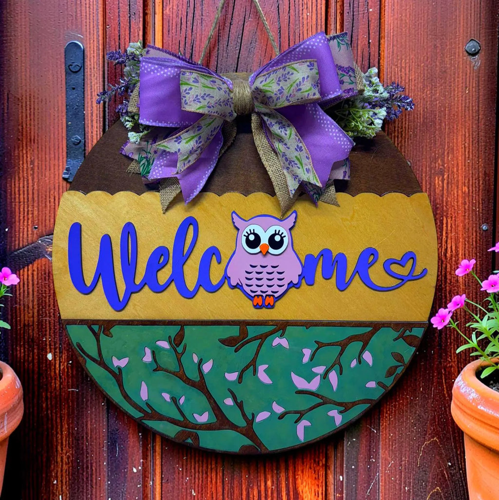 Wooden Owl Welcome Sign | Layered Door Hanger | Handmade Front Door Decor Handmade Wood Door Hanger