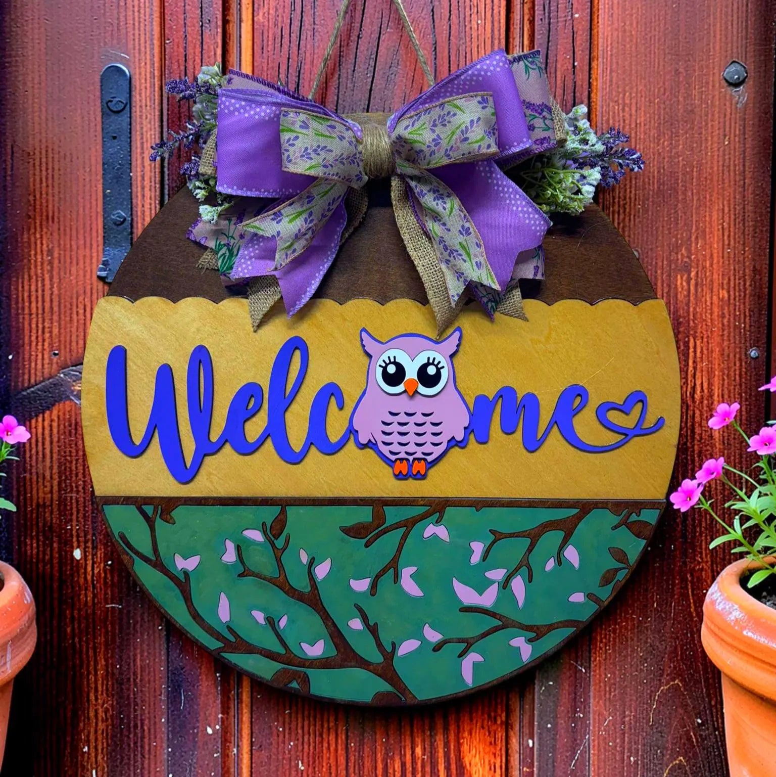 Wooden Owl Welcome Sign | Layered Door Hanger | Handmade Front Door Decor Handmade Wood Door Hanger