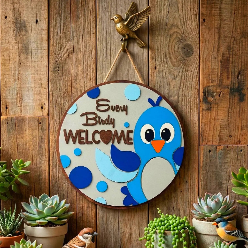Every Birdy Welcome Sign | Spring Door Hanger | Layered Wooden Decor Handmade Wood Door Hanger