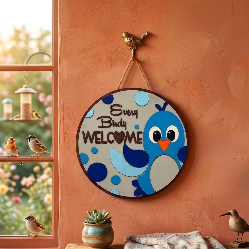 Every Birdy Welcome Sign | Spring Door Hanger | Layered Wooden Decor Handmade Wood Door Hanger