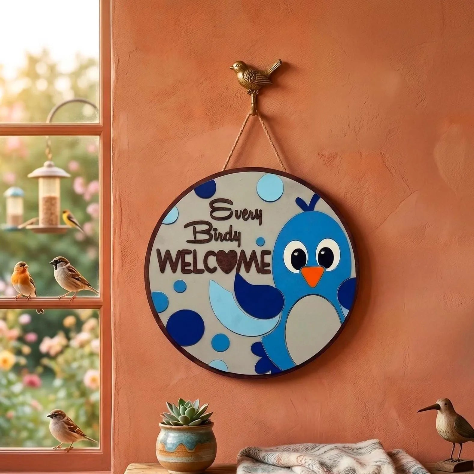 Every Birdy Welcome Sign | Spring Door Hanger | Layered Wooden Decor Handmade Wood Door Hanger
