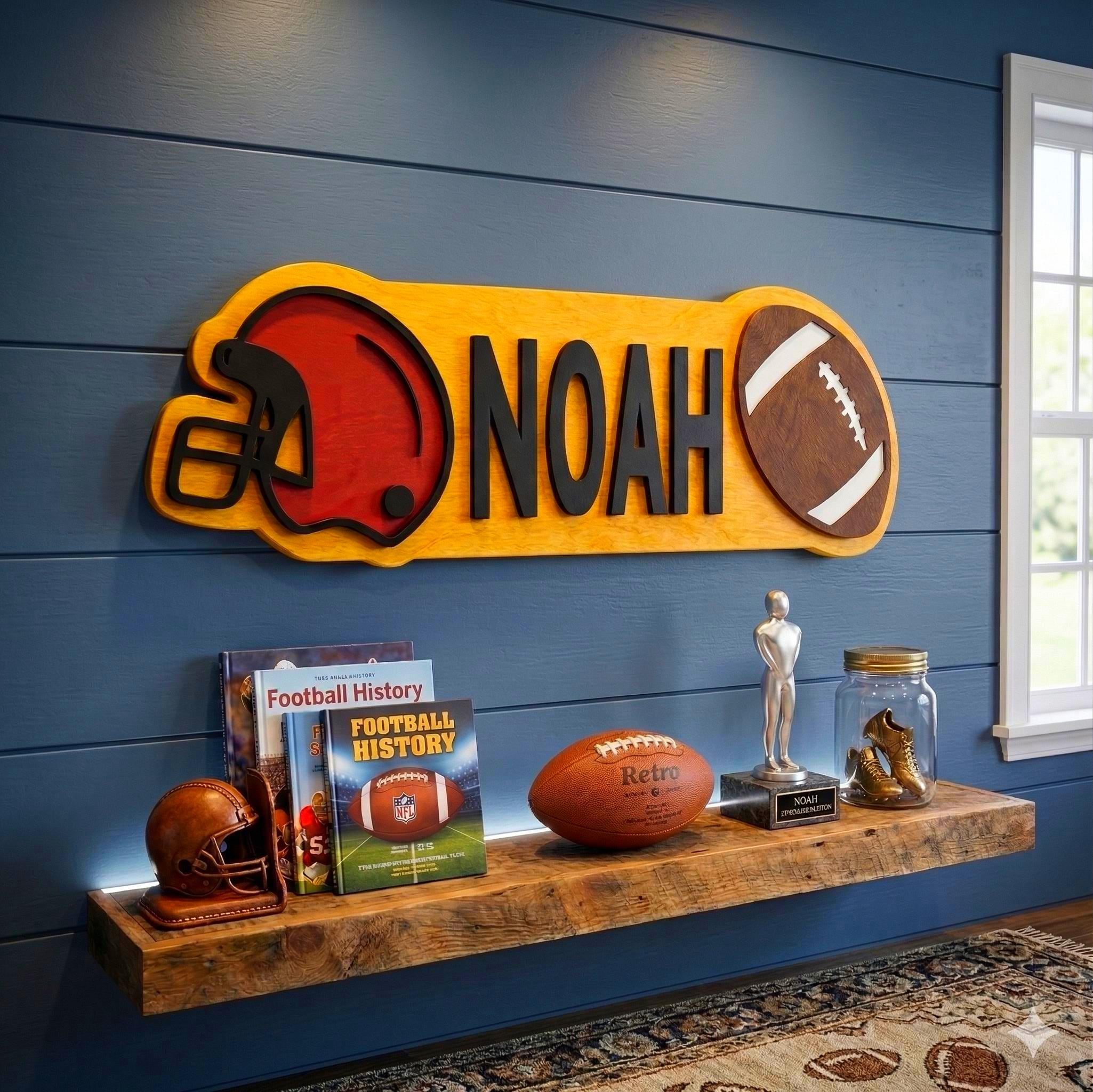 Personalized Football Name Sign – Custom Helmet & Ball Cutouts – Layered Wood Sports Room Wall Decor