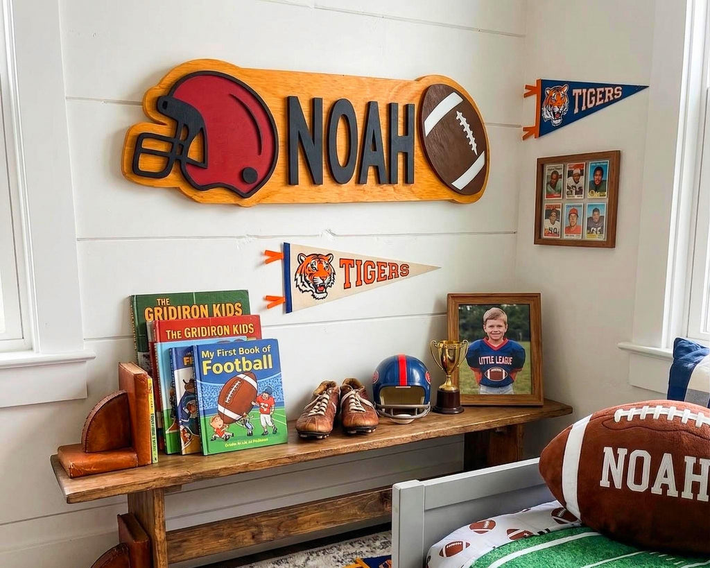 Personalized Football Name Sign – Custom Helmet & Ball Cutouts – Layered Wood Sports Room Wall Decor