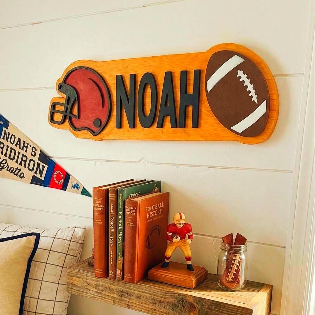 Personalized Football Name Sign – Custom Helmet & Ball Cutouts – Layered Wood Sports Room Wall Decor