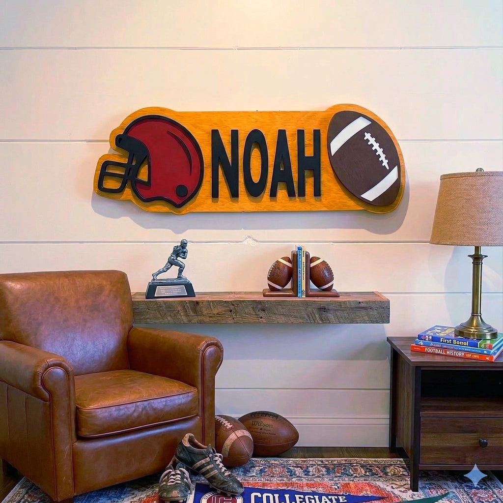 Personalized Football Name Sign – Custom Helmet & Ball Cutouts – Layered Wood Sports Room Wall Decor