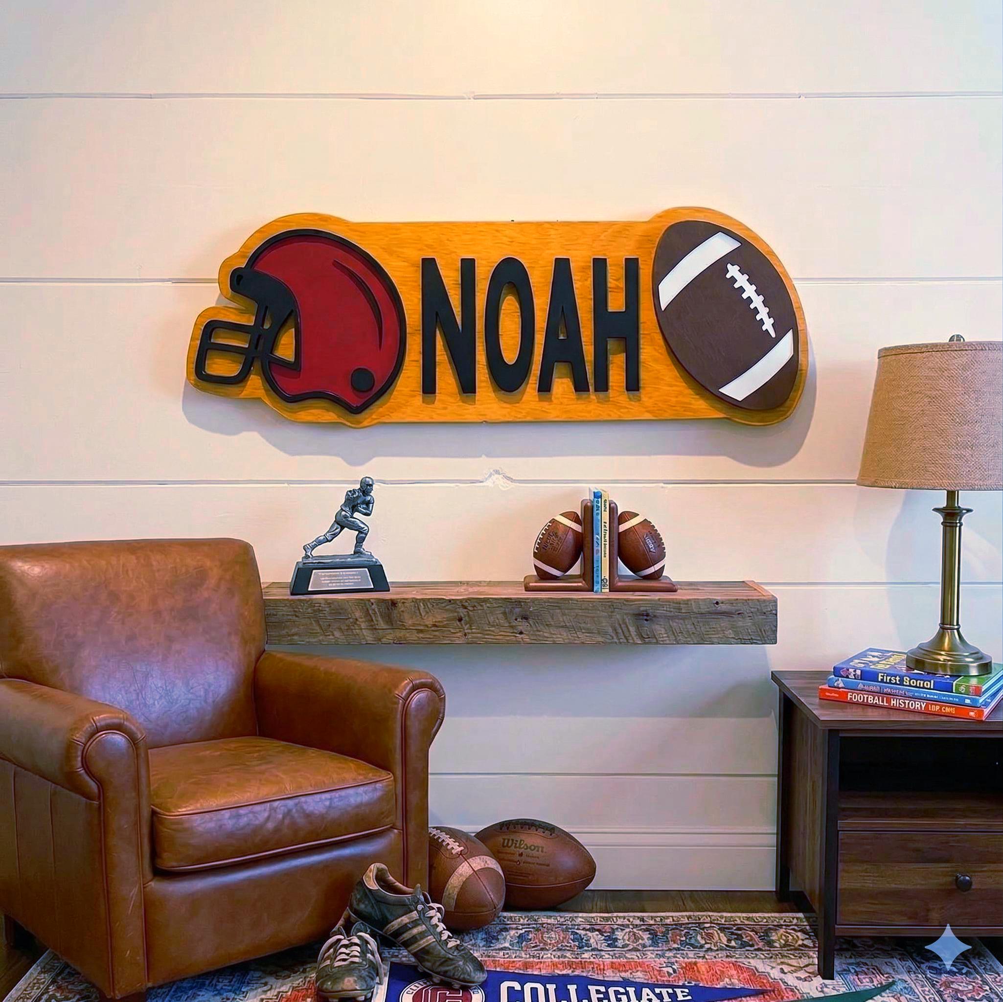 Personalized Football Name Sign – Custom Helmet & Ball Cutouts – Layered Wood Sports Room Wall Decor
