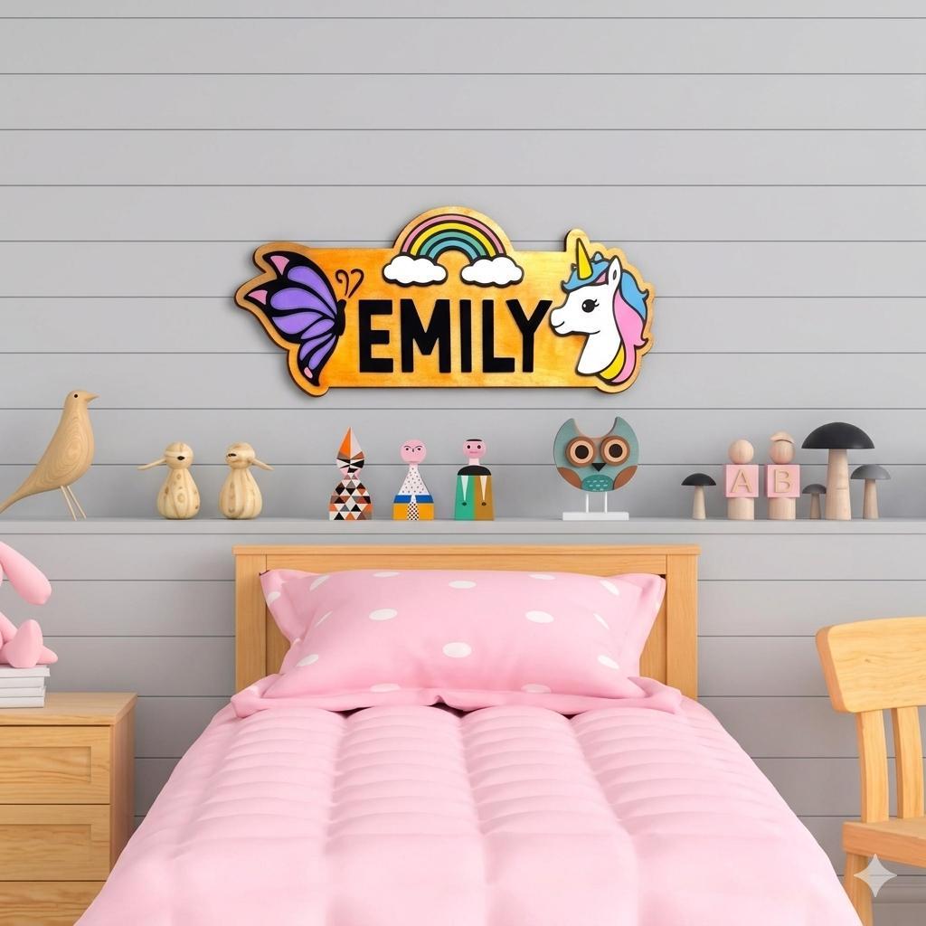 Personalized Unicorn Name Sign – Rainbow Butterfly Wood Decor Custom Kids/Nursery Decor