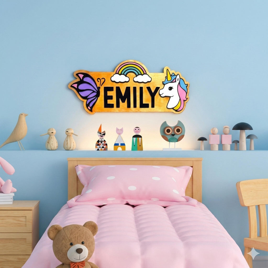 Personalized Unicorn Name Sign – Rainbow Butterfly Wood Decor Custom Kids/Nursery Decor