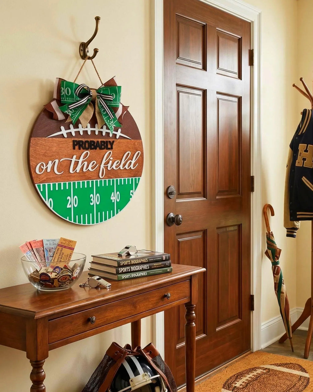 Football Wall Sign – “Probably On the Field” Decor - Handmade Layered Wood Sports Door Hanger