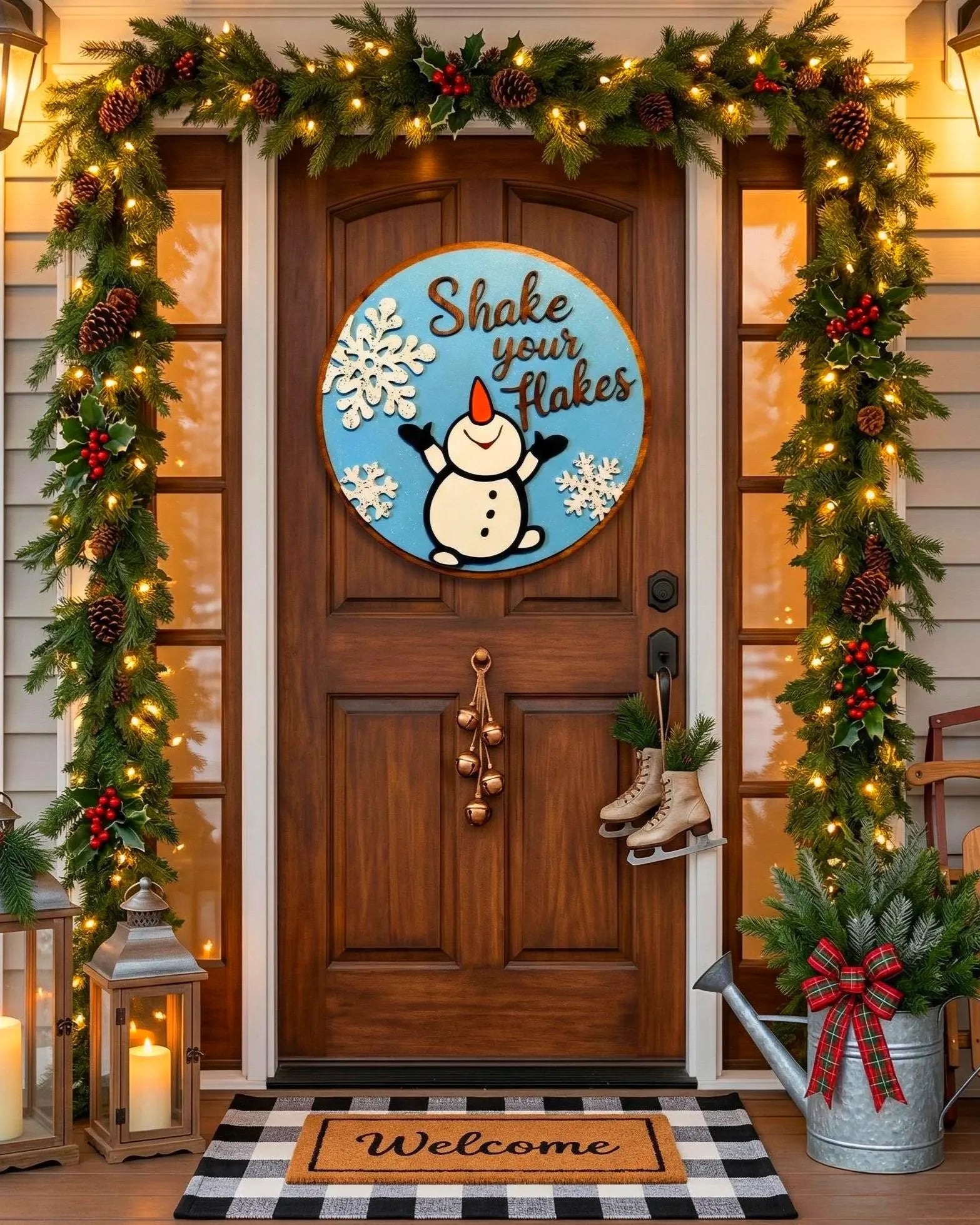 Shake Your Flakes Winter Sign – Round Wooden Snowman Decor – Layered Snowflake Door Hanger