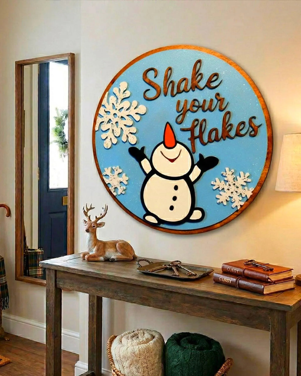 Shake Your Flakes Winter Sign – Round Wooden Snowman Decor – Layered Snowflake Door Hanger