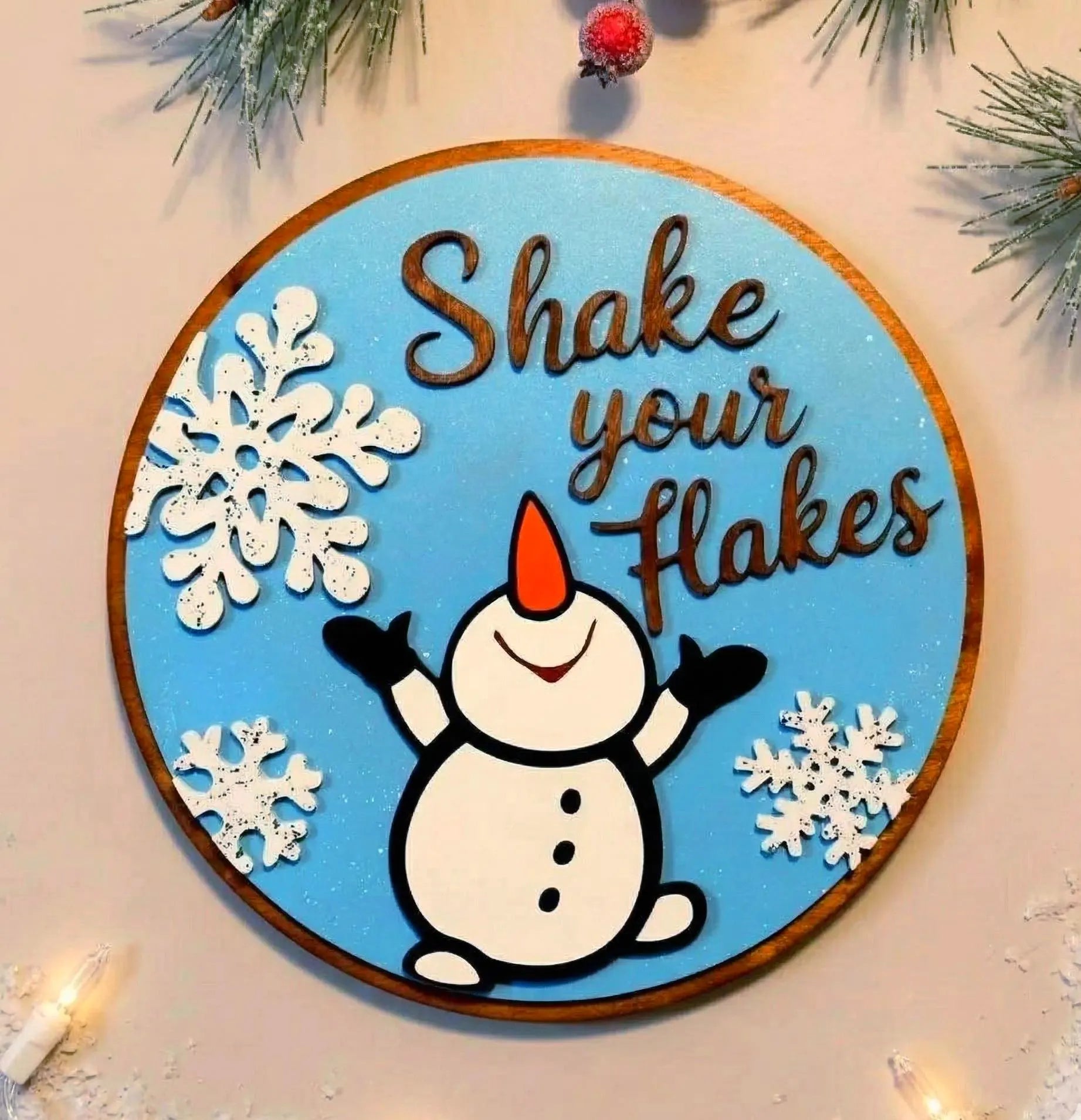 Shake Your Flakes Winter Sign – Round Wooden Snowman Decor – Layered Snowflake Door Hanger