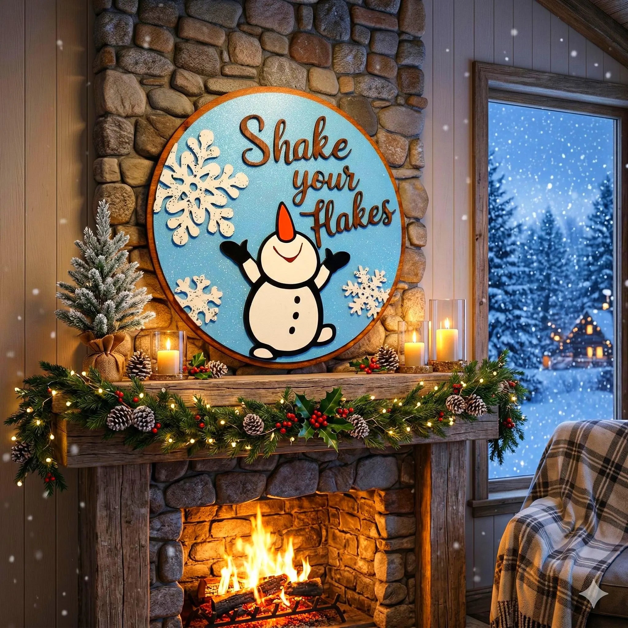 Shake Your Flakes Winter Sign – Round Wooden Snowman Decor – Layered Snowflake Door Hanger