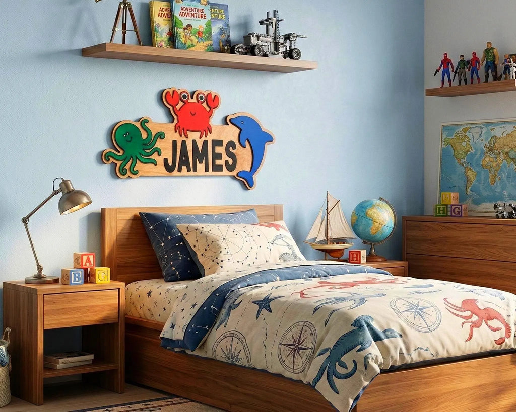 Ocean Animal Name Sign – Personalized Kids Wall Decor – Octopus, Crab & Dolphin Cutouts