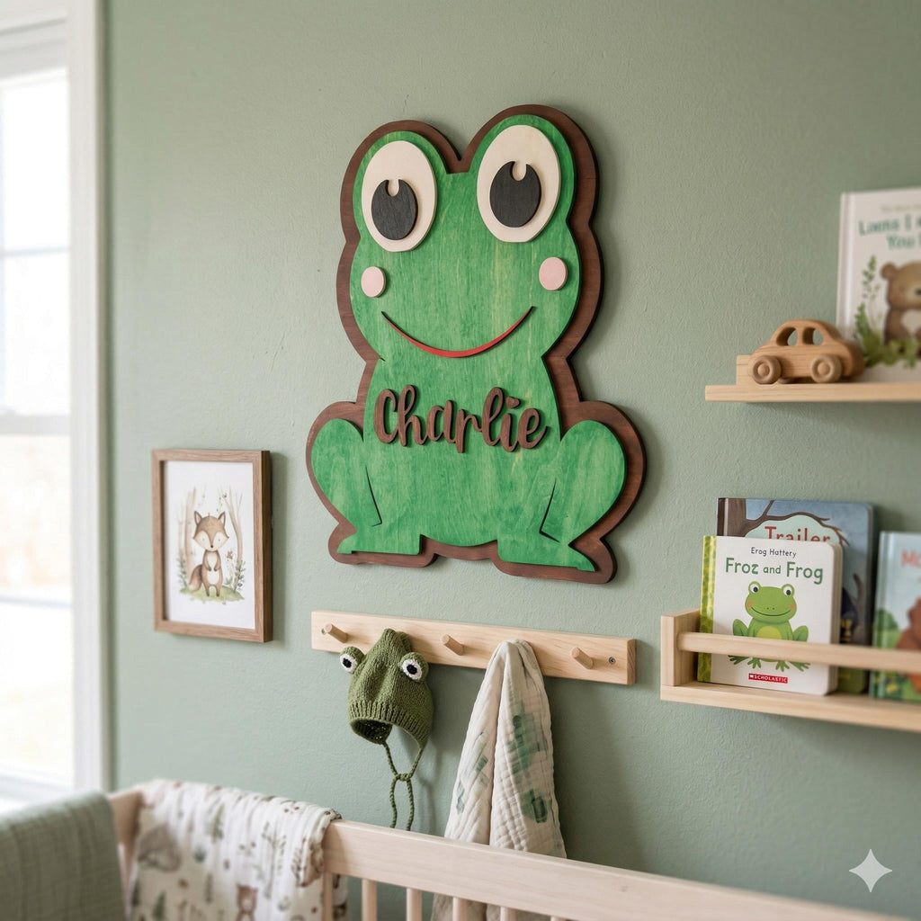 Personalized Frog Name Sign | Handmade Wooden Nursery Decor Handmade 3D Wood Sign