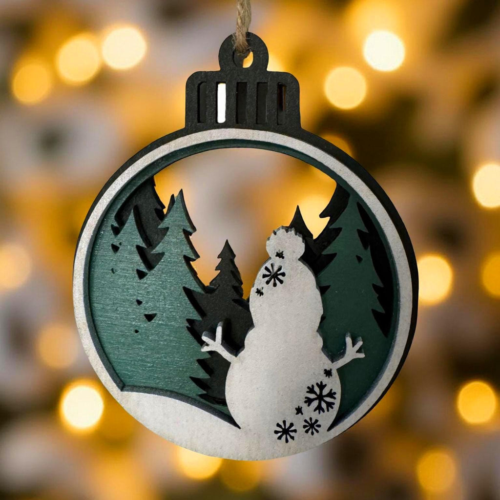 Layered Snowman Ornament – 4” Round Wooden Christmas Tree Scene – Multi Layer Holiday Decoration Handmade Seasonal Decor