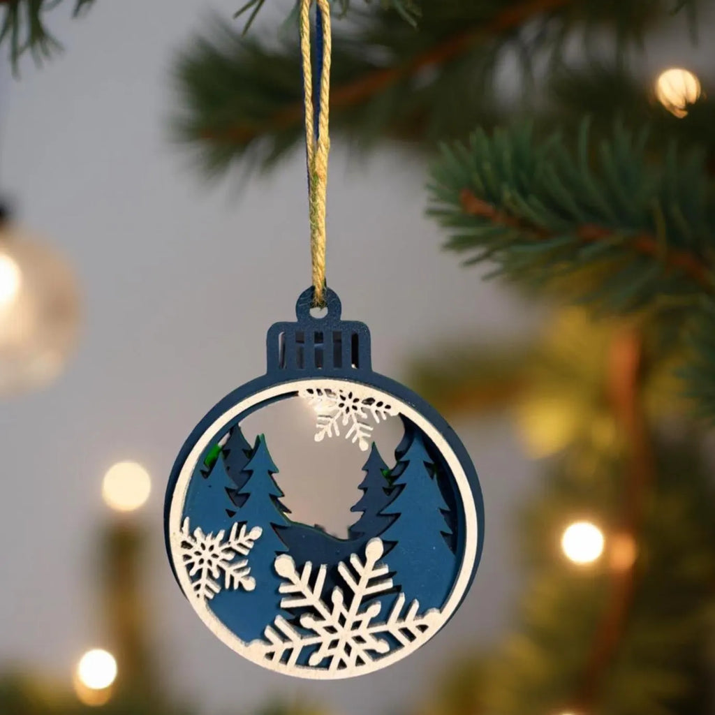 Wooden Christmas Snowflake Ornament – 4" Round Multi-Layer Design – Blue and White Holiday Decoration Handmade Seasonal Decor