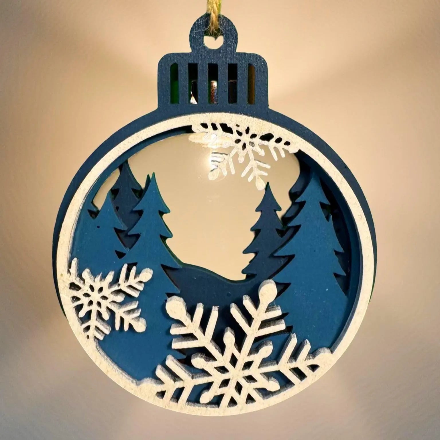 Wooden Christmas Snowflake Ornament – 4" Round Multi-Layer Design – Blue and White Holiday Decoration Handmade Seasonal Decor