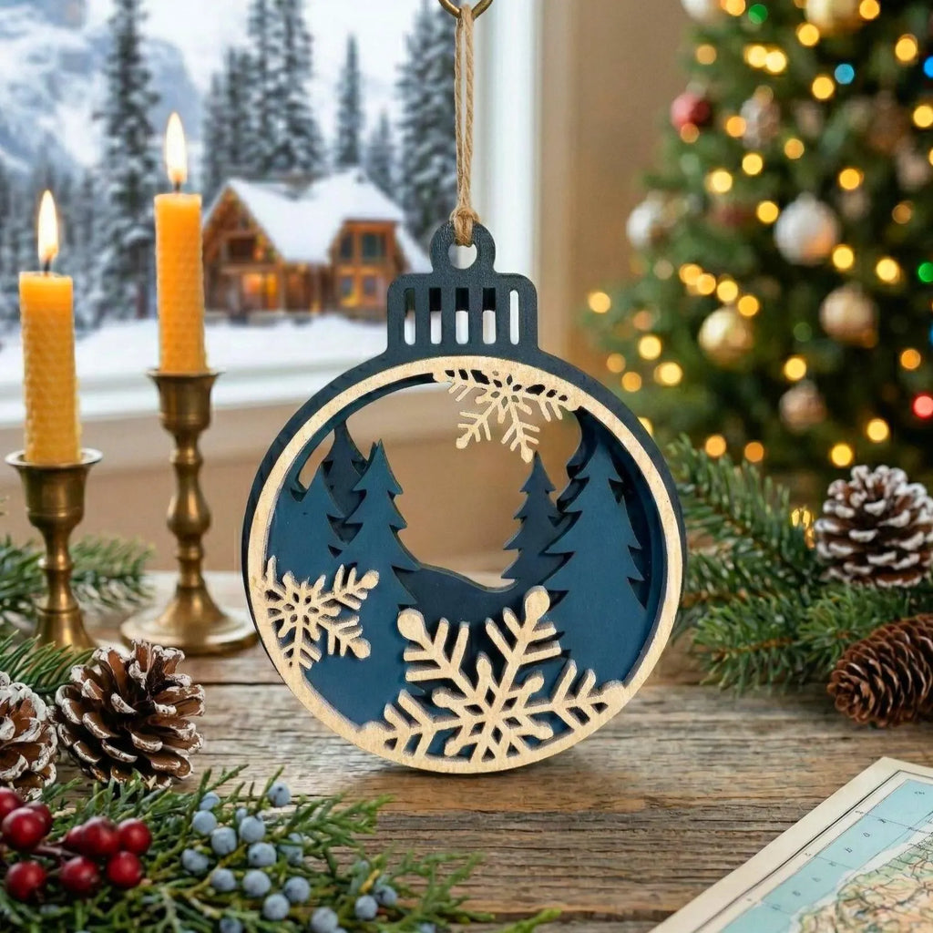 Wooden Christmas Snowflake Ornament – 4" Round Multi-Layer Design – Blue and White Holiday Decoration Handmade Seasonal Decor