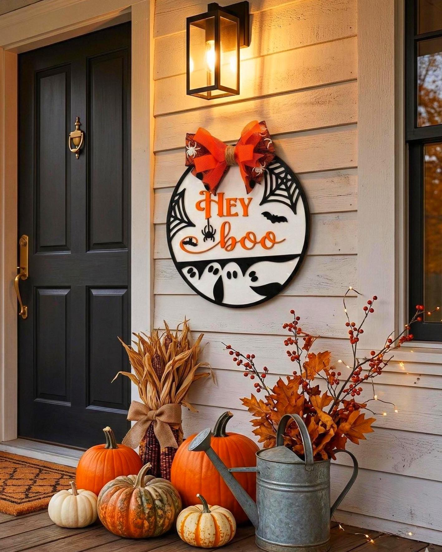 Hey Boo Halloween Door Sign: Layered Ghost & Spider Web Decor Seasonal Door Hanger