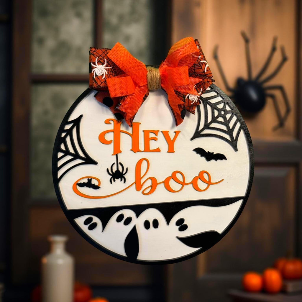 Hey Boo Halloween Door Sign: Layered Ghost & Spider Web Decor Seasonal Door Hanger