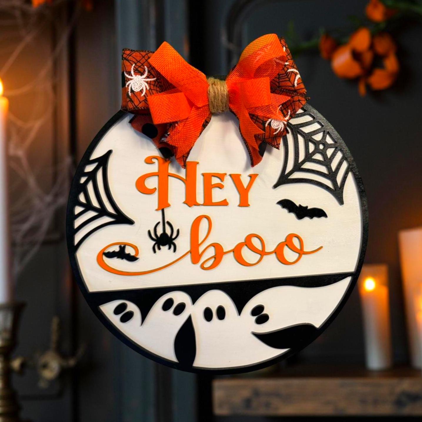 Hey Boo Halloween Door Sign: Layered Ghost & Spider Web Decor Seasonal Door Hanger