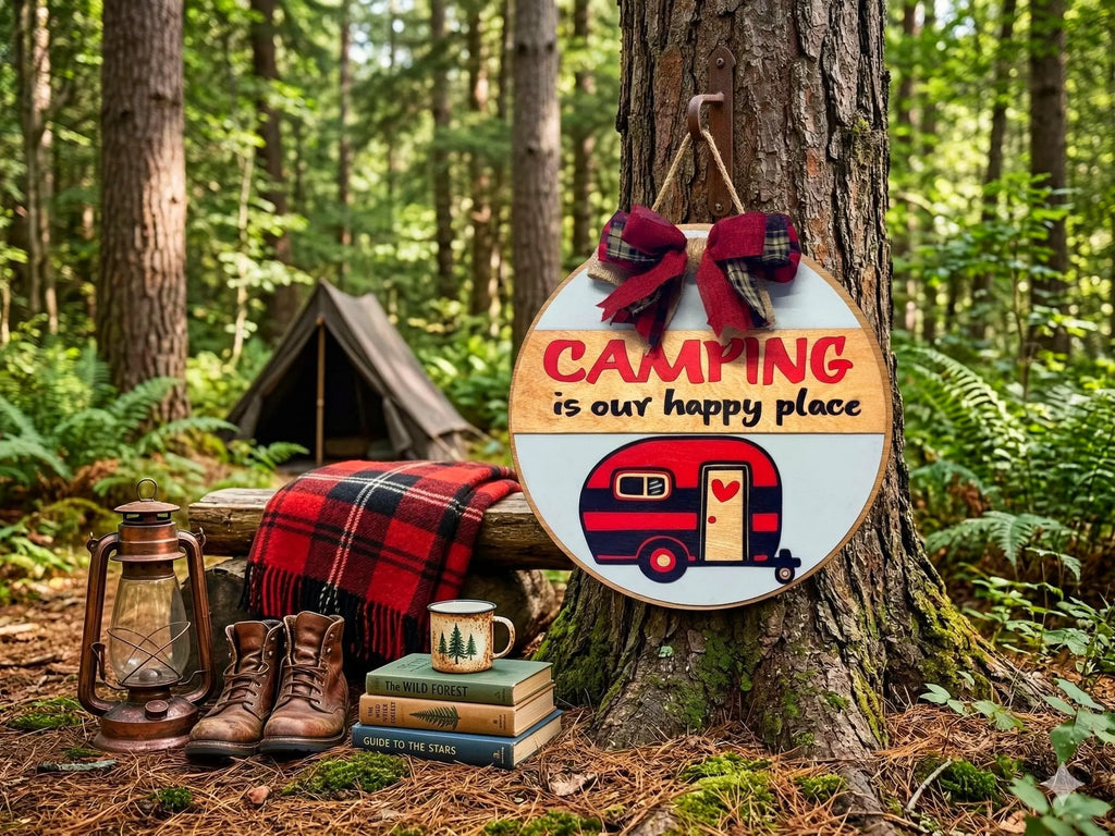 Camping Is Our Happy Place Sign: Rustic Wooden Camper Decor Handmade 3D Wood Sign