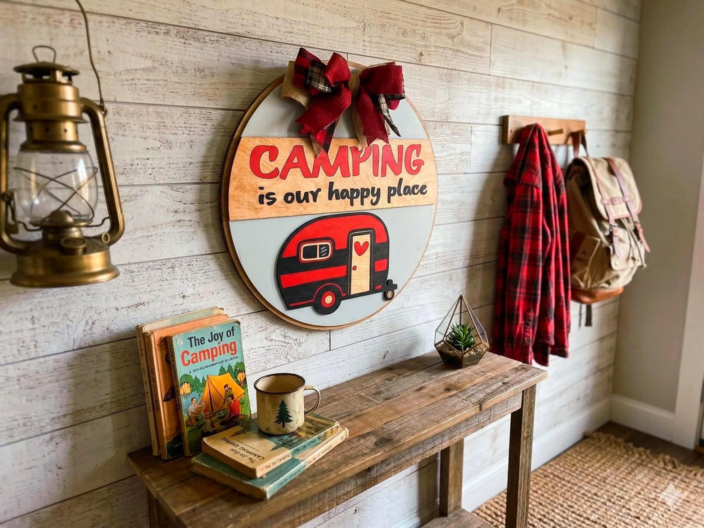 Camping Is Our Happy Place Sign: Rustic Wooden Camper Decor Handmade 3D Wood Sign