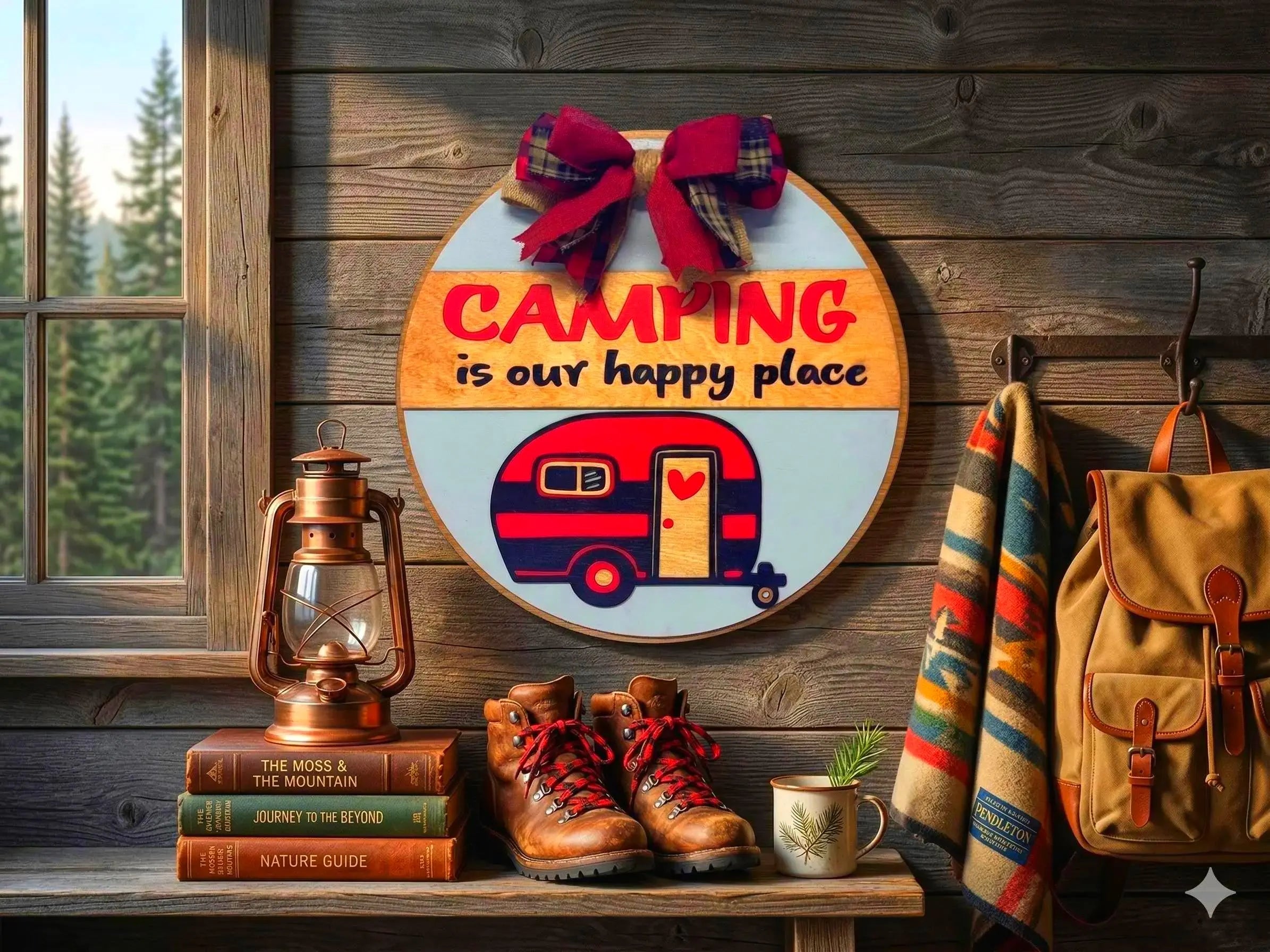 Camping Is Our Happy Place Sign: Rustic Wooden Camper Decor Handmade 3D Wood Sign