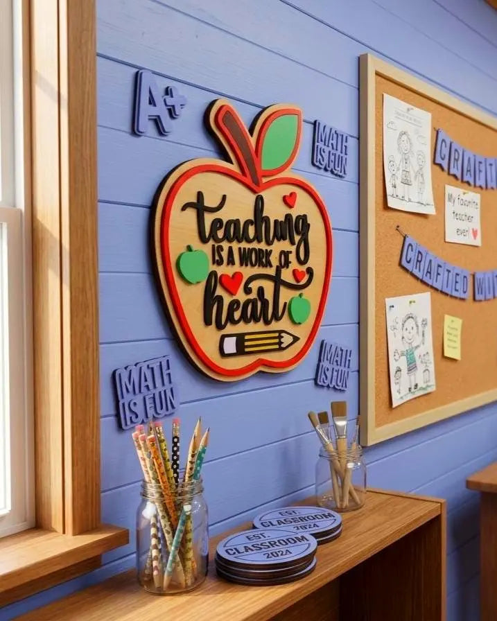 Teaching Is a Work of Heart | 3D Wood Apple Sign Handmade 3D Wood Sign
