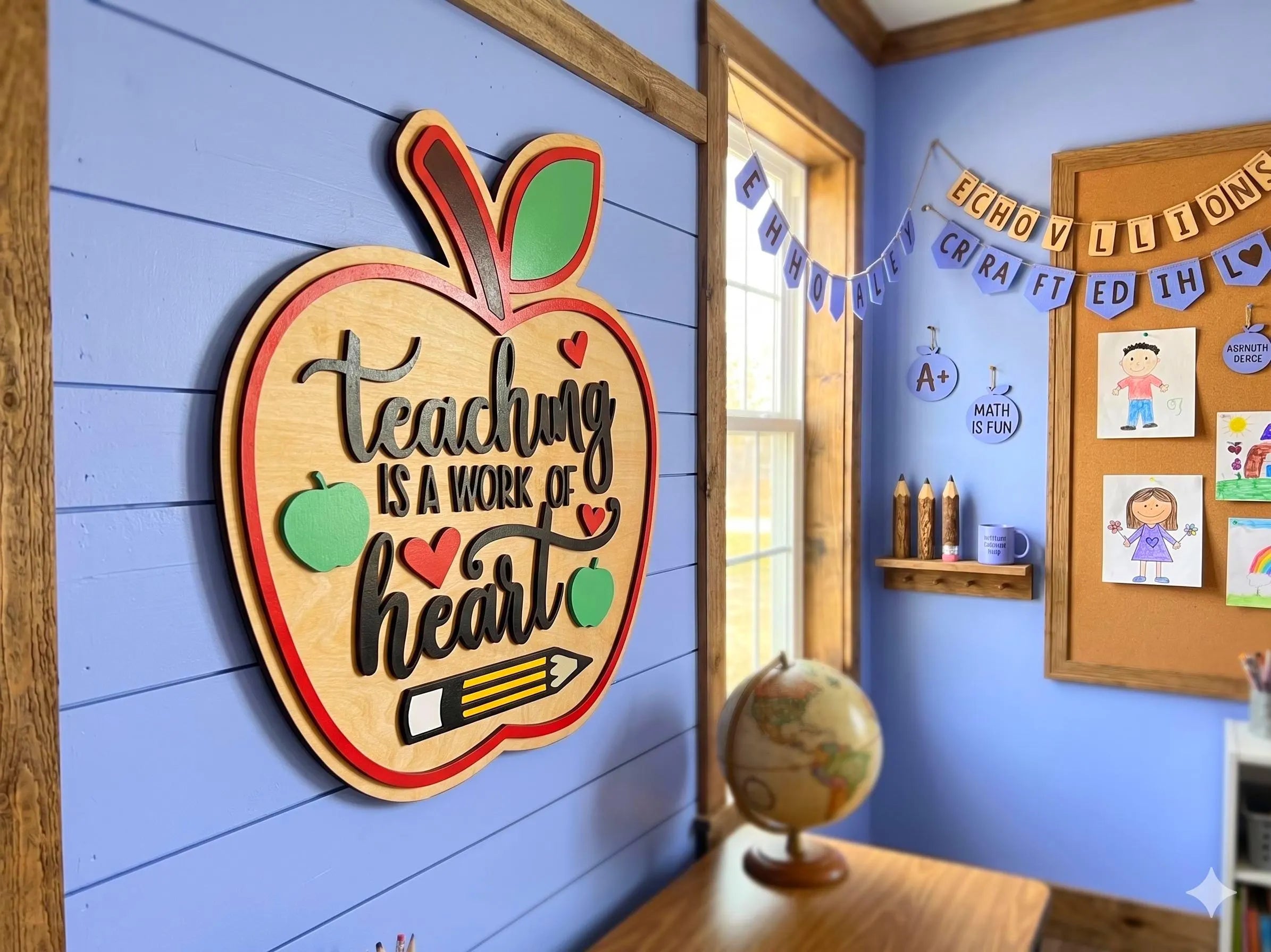 Teaching Is a Work of Heart | 3D Wood Apple Sign Handmade 3D Wood Sign