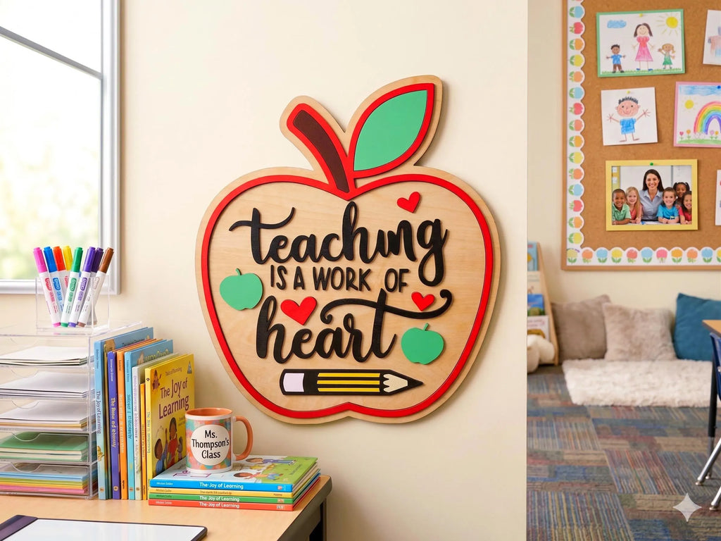 Teaching Is a Work of Heart | 3D Wood Apple Sign Handmade 3D Wood Sign