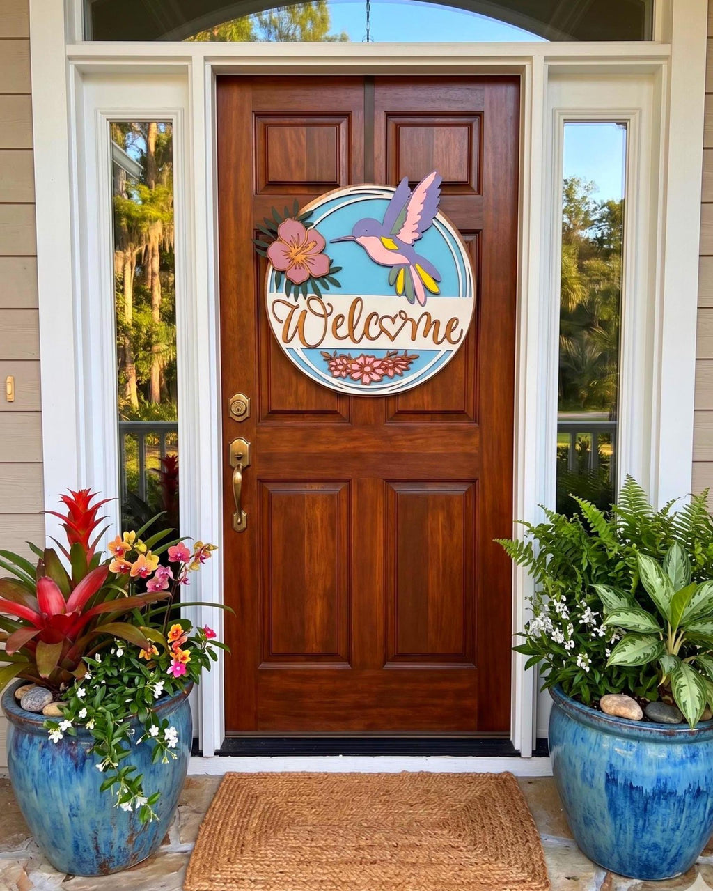 3D Hummingbird & Hibiscus Welcome Sign Handmade Wood Door Hanger