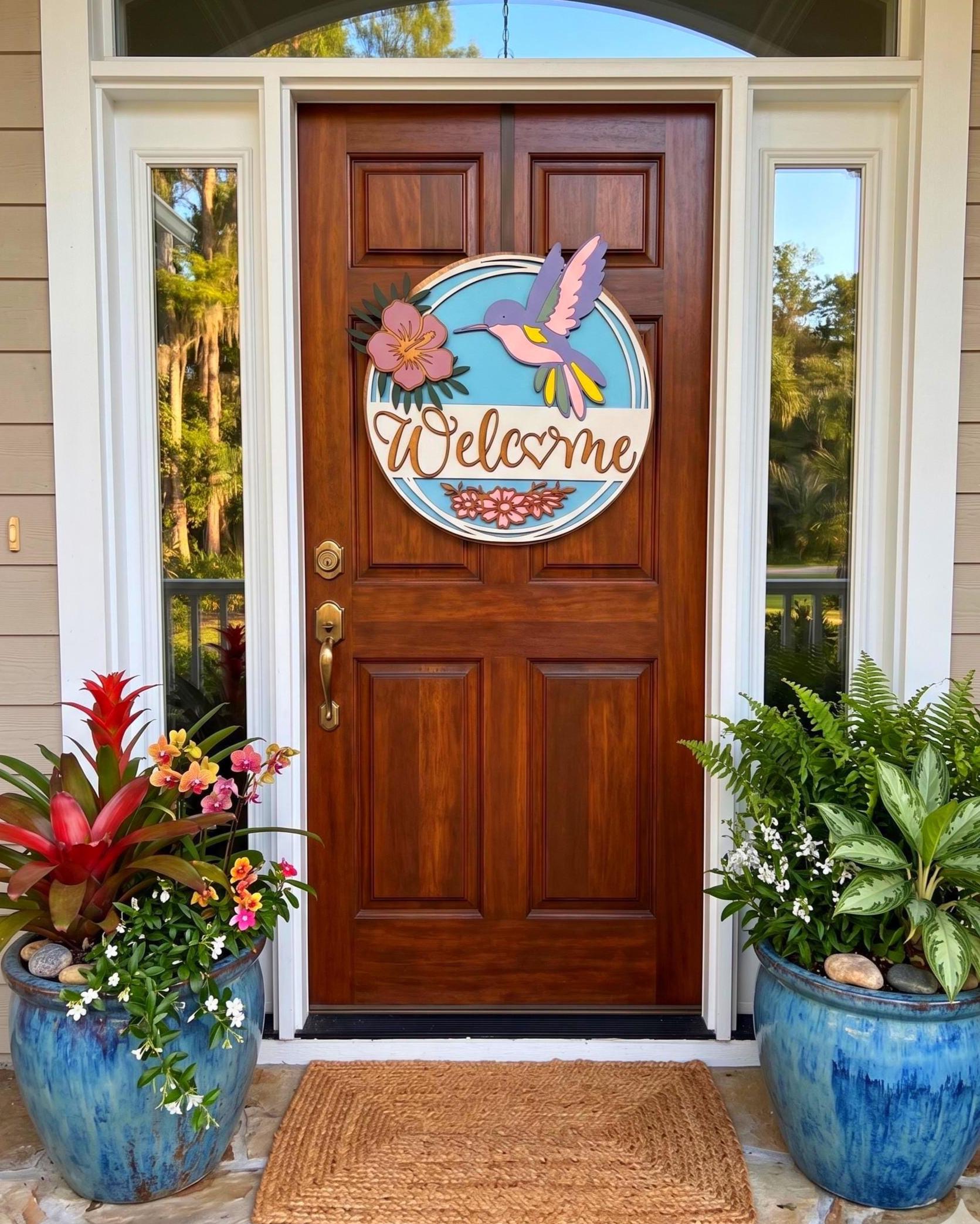 3D Hummingbird & Hibiscus Welcome Sign Handmade Wood Door Hanger
