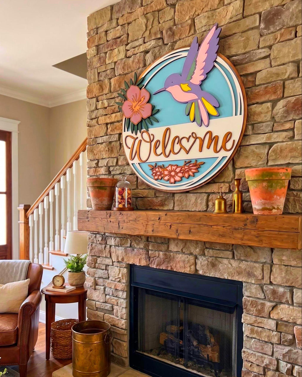 3D Hummingbird & Hibiscus Welcome Sign Handmade Wood Door Hanger