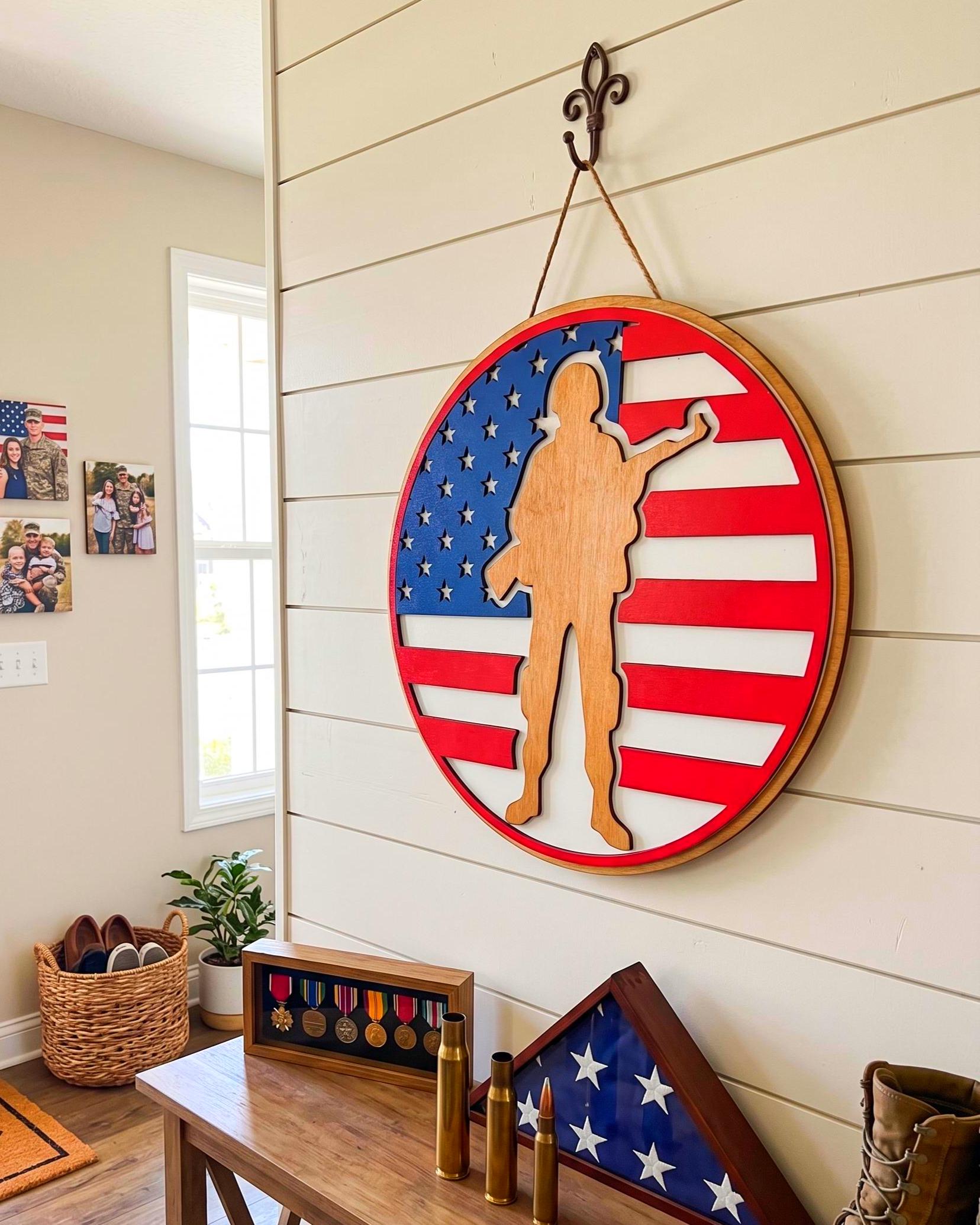 Handmade Patriotic Soldier Wood Sign – American Flag Veteran Gift Handmade Wood Decor