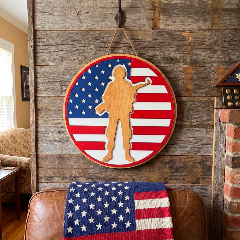 Handmade Patriotic Soldier Wood Sign – American Flag Veteran Gift Handmade Wood Decor