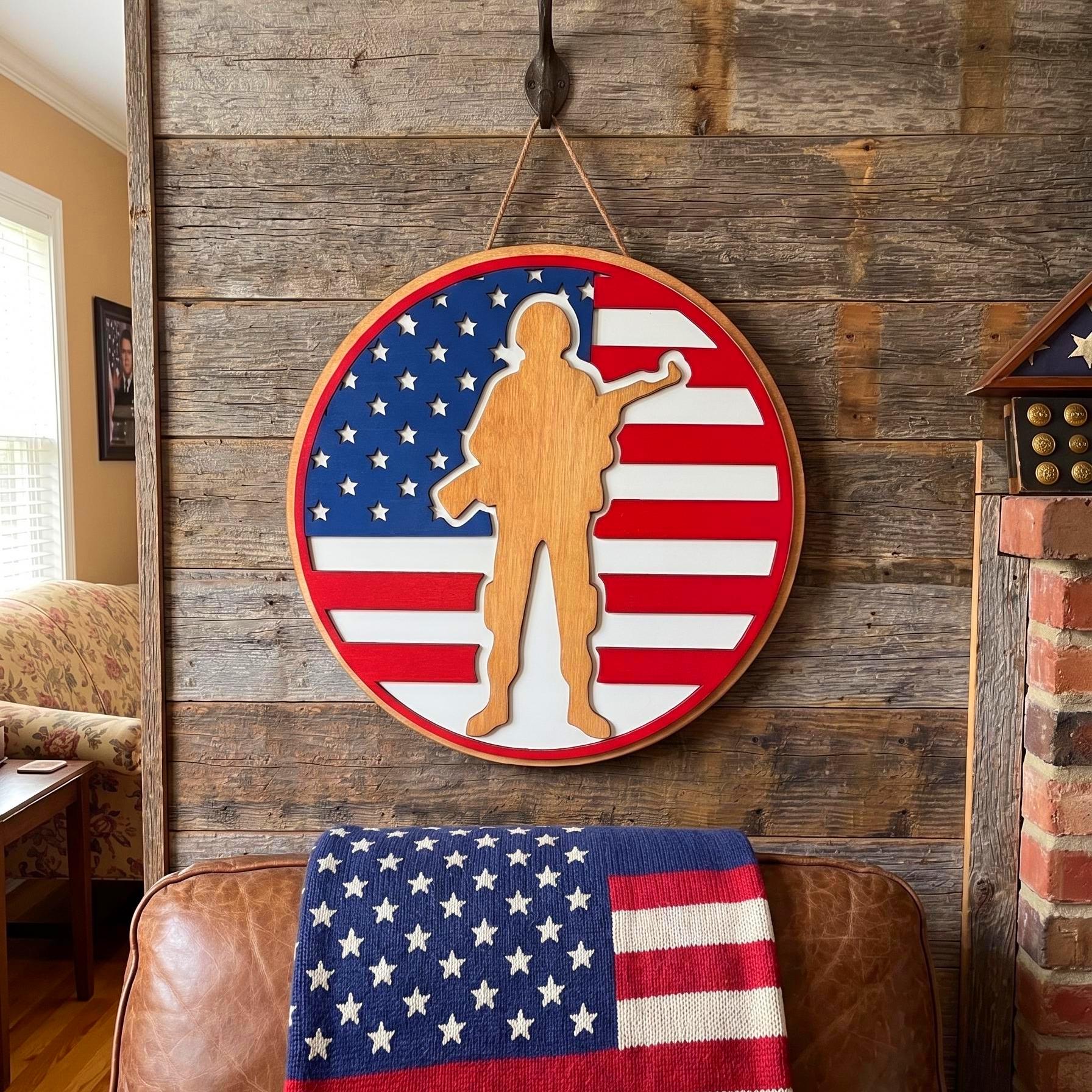 Handmade Patriotic Soldier Wood Sign – American Flag Veteran Gift Handmade Wood Decor