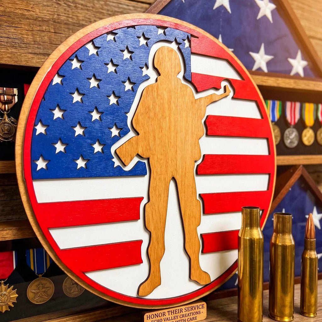 Handmade Patriotic Soldier Wood Sign – American Flag Veteran Gift Handmade Wood Decor