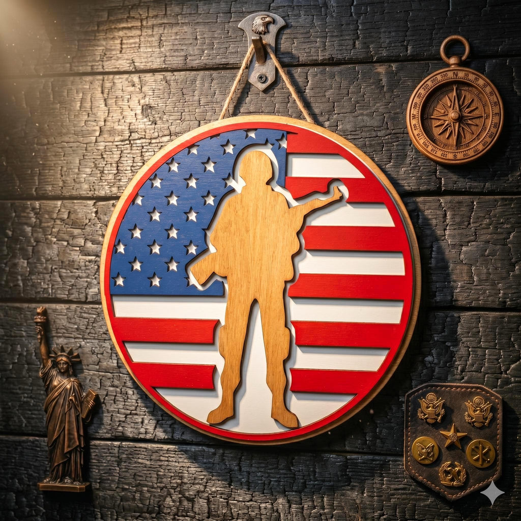 Handmade Patriotic Soldier Wood Sign – American Flag Veteran Gift Handmade Wood Decor